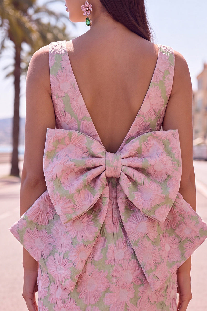 Laden Sie das Bild in den Galerie-Viewer, Pinkgrünes Jacquard Bodycon Bateau-Ausschnitt Blumen-Homecoming-Kleid mit großer Schleife