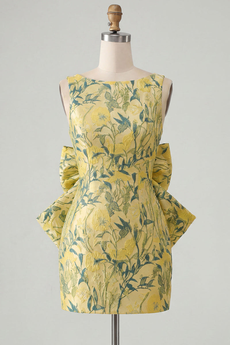 Laden Sie das Bild in den Galerie-Viewer, Pinkgrünes Jacquard Bodycon Bateau-Ausschnitt Blumen-Homecoming-Kleid mit großer Schleife