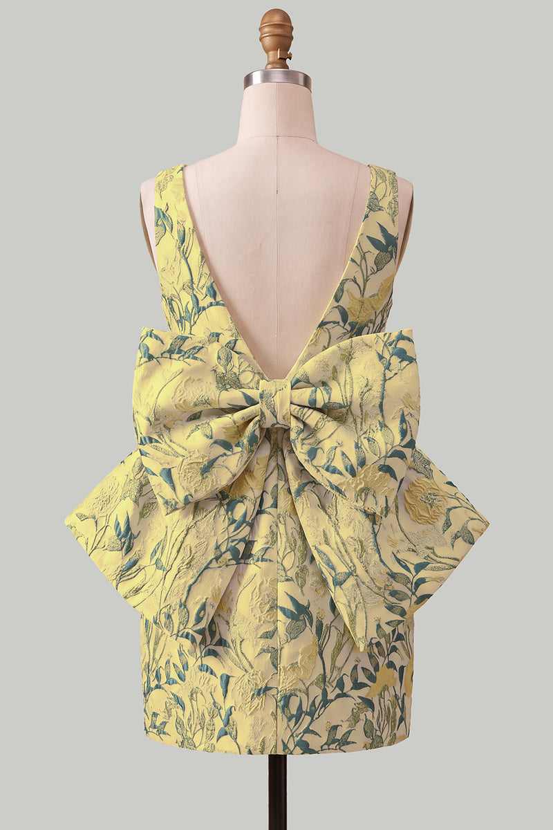 Laden Sie das Bild in den Galerie-Viewer, Pinkgrünes Jacquard Bodycon Bateau-Ausschnitt Blumen-Homecoming-Kleid mit großer Schleife