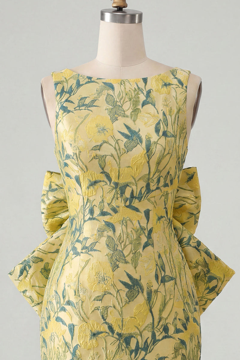 Laden Sie das Bild in den Galerie-Viewer, Pinkgrünes Jacquard Bodycon Bateau-Ausschnitt Blumen-Homecoming-Kleid mit großer Schleife