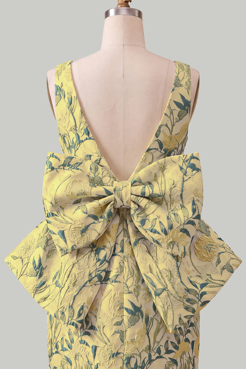 Laden Sie das Bild in den Galerie-Viewer, Pinkgrünes Jacquard Bodycon Bateau-Ausschnitt Blumen-Homecoming-Kleid mit großer Schleife