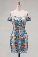 Laden Sie das Bild in den Galerie-Viewer, Glitzernde blaue Blüten-Off-the-Shoulder-Bodycon-Pailletten Kurzes Homecoming-Kleid