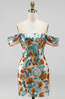 Laden Sie das Bild in den Galerie-Viewer, Glitzernde Blaue Blüten Off-the-Shoulder Bodycon Pailletten Kurzes Abendkleid