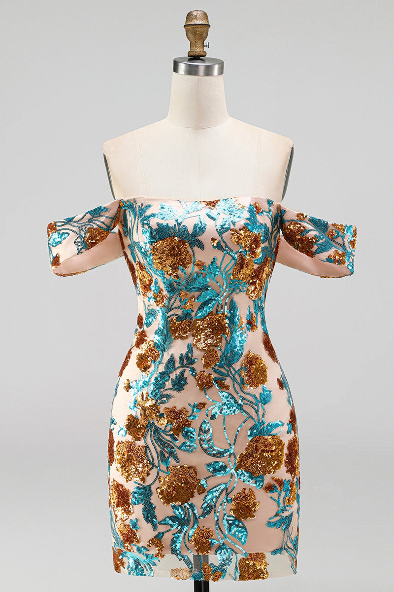 Laden Sie das Bild in den Galerie-Viewer, Glitzernde Blaue Blüten Off-the-Shoulder Bodycon Pailletten Kurzes Abendkleid