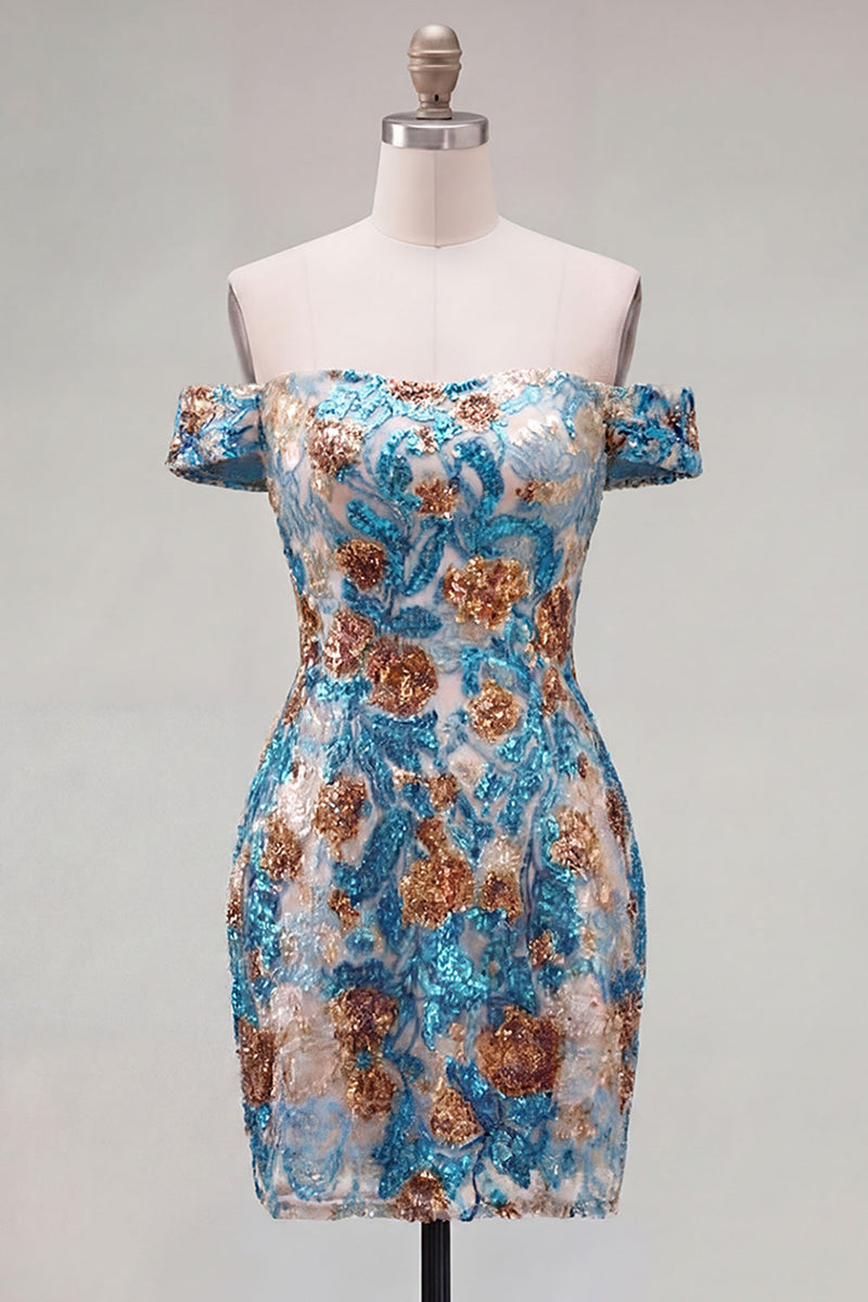 Laden Sie das Bild in den Galerie-Viewer, Glitzernde blaue Blüten-Off-the-Shoulder-Bodycon-Pailletten Kurzes Homecoming-Kleid