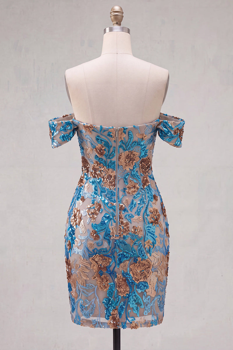 Laden Sie das Bild in den Galerie-Viewer, Glitzernde blaue Blüten-Off-the-Shoulder-Bodycon-Pailletten Kurzes Homecoming-Kleid