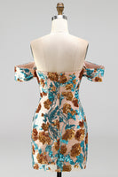 Laden Sie das Bild in den Galerie-Viewer, Glitzernde Blaue Blüten Off-the-Shoulder Bodycon Pailletten Kurzes Abendkleid