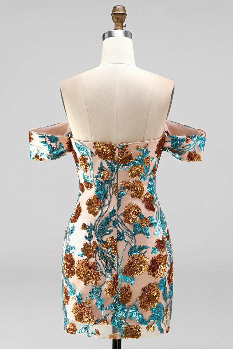 Laden Sie das Bild in den Galerie-Viewer, Glitzernde Blaue Blüten Off-the-Shoulder Bodycon Pailletten Kurzes Abendkleid