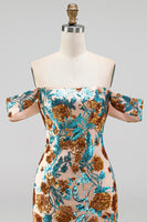 Laden Sie das Bild in den Galerie-Viewer, Glitzernde Blaue Blüten Off-the-Shoulder Bodycon Pailletten Kurzes Abendkleid