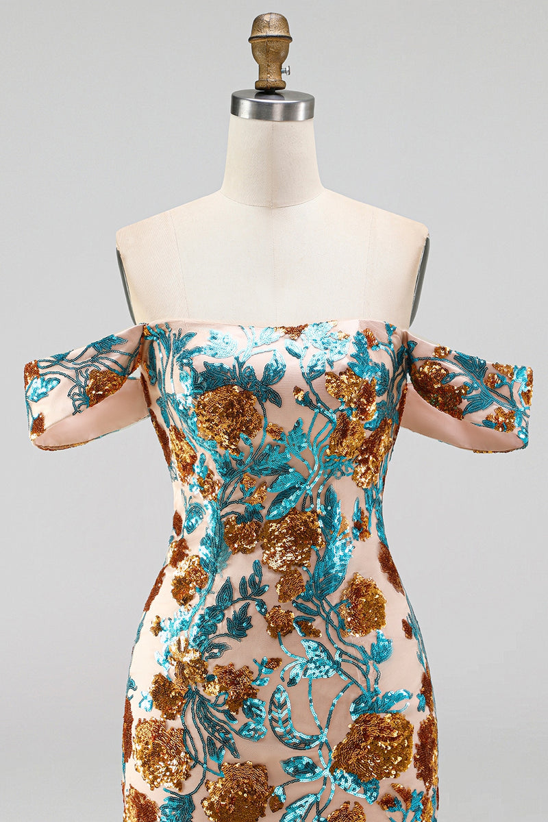 Laden Sie das Bild in den Galerie-Viewer, Glitzernde Blaue Blüten Off-the-Shoulder Bodycon Pailletten Kurzes Abendkleid