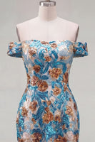 Laden Sie das Bild in den Galerie-Viewer, Glitzernde blaue Blüten-Off-the-Shoulder-Bodycon-Pailletten Kurzes Homecoming-Kleid