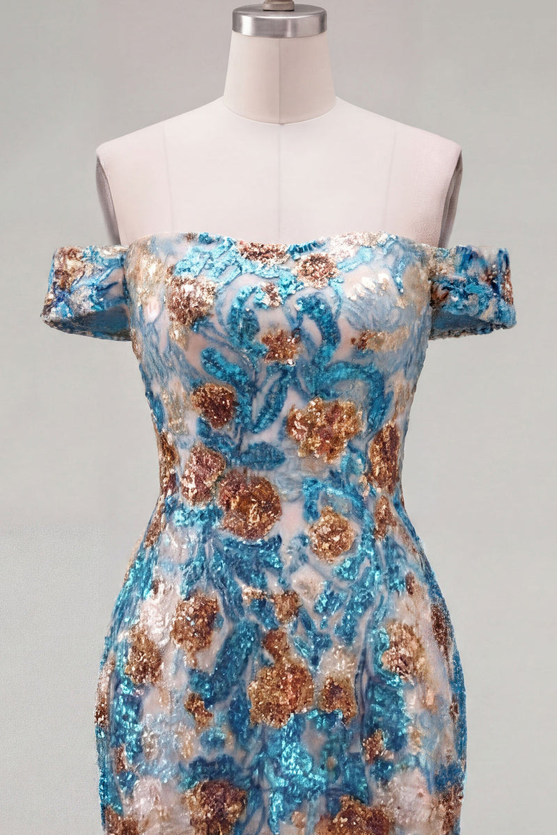 Laden Sie das Bild in den Galerie-Viewer, Glitzernde blaue Blüten-Off-the-Shoulder-Bodycon-Pailletten Kurzes Homecoming-Kleid