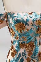 Laden Sie das Bild in den Galerie-Viewer, Glitzernde Blaue Blüten Off-the-Shoulder Bodycon Pailletten Kurzes Abendkleid