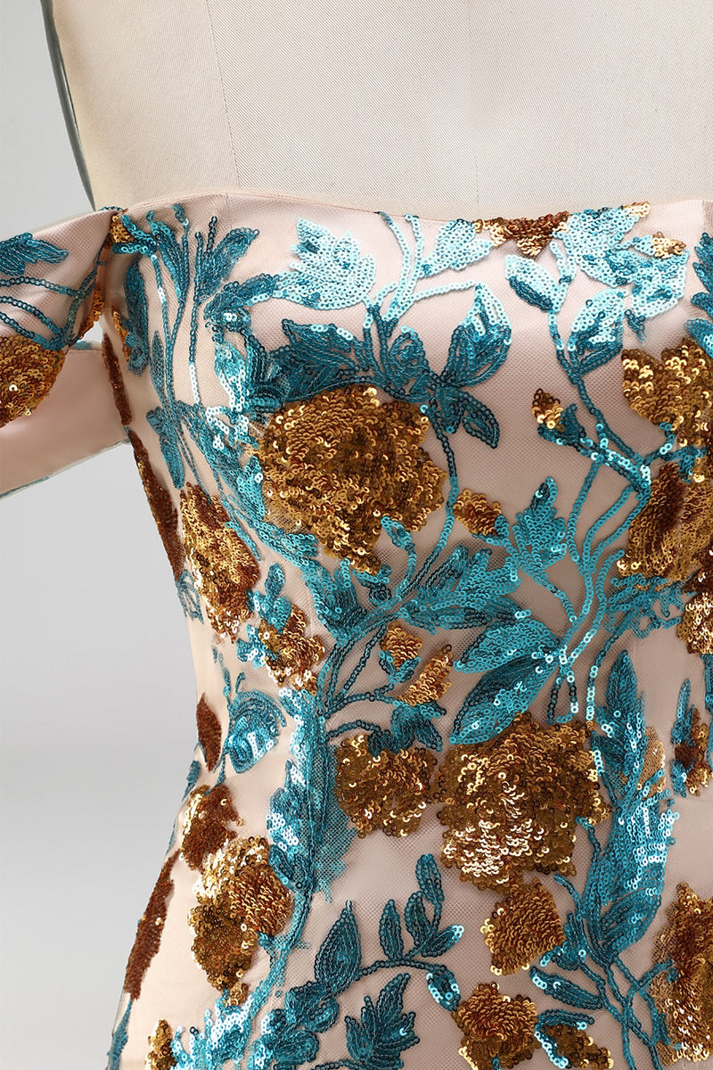 Laden Sie das Bild in den Galerie-Viewer, Glitzernde Blaue Blüten Off-the-Shoulder Bodycon Pailletten Kurzes Abendkleid
