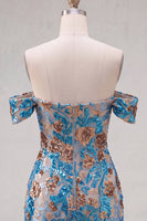 Laden Sie das Bild in den Galerie-Viewer, Glitzernde blaue Blüten-Off-the-Shoulder-Bodycon-Pailletten Kurzes Homecoming-Kleid