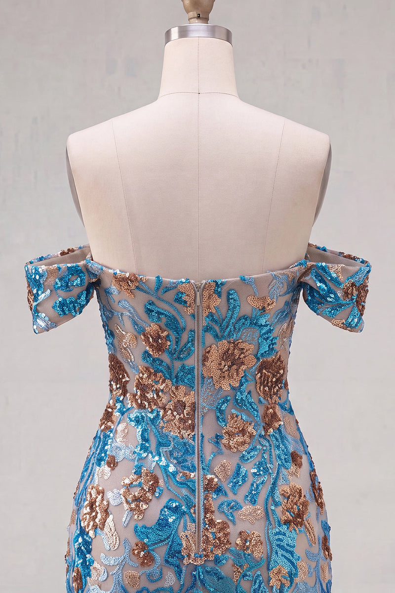 Laden Sie das Bild in den Galerie-Viewer, Glitzernde blaue Blüten-Off-the-Shoulder-Bodycon-Pailletten Kurzes Homecoming-Kleid