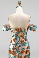 Laden Sie das Bild in den Galerie-Viewer, Glitzernde Blaue Blüten Off-the-Shoulder Bodycon Pailletten Kurzes Abendkleid