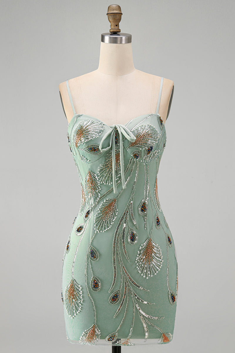 Laden Sie das Bild in den Galerie-Viewer, Grünes Bodycon Kurzes Abendkleid mit Perlen und Schnürung hinten