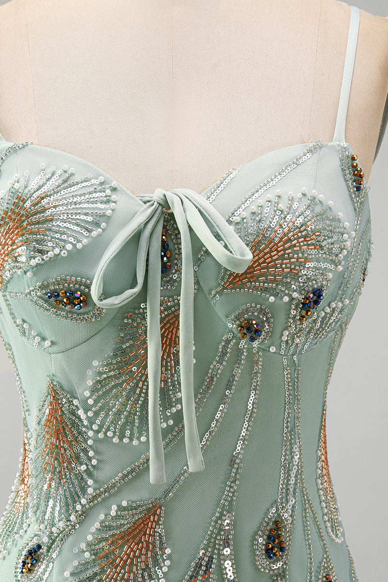 Laden Sie das Bild in den Galerie-Viewer, Grünes Bodycon Kurzes Abendkleid mit Perlen und Schnürung hinten