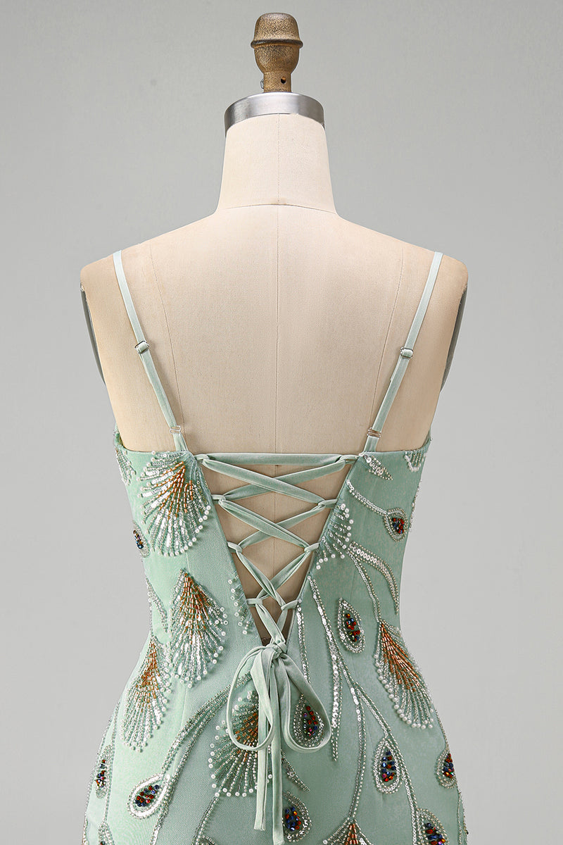 Laden Sie das Bild in den Galerie-Viewer, Grünes Bodycon Kurzes Abendkleid mit Perlen und Schnürung hinten