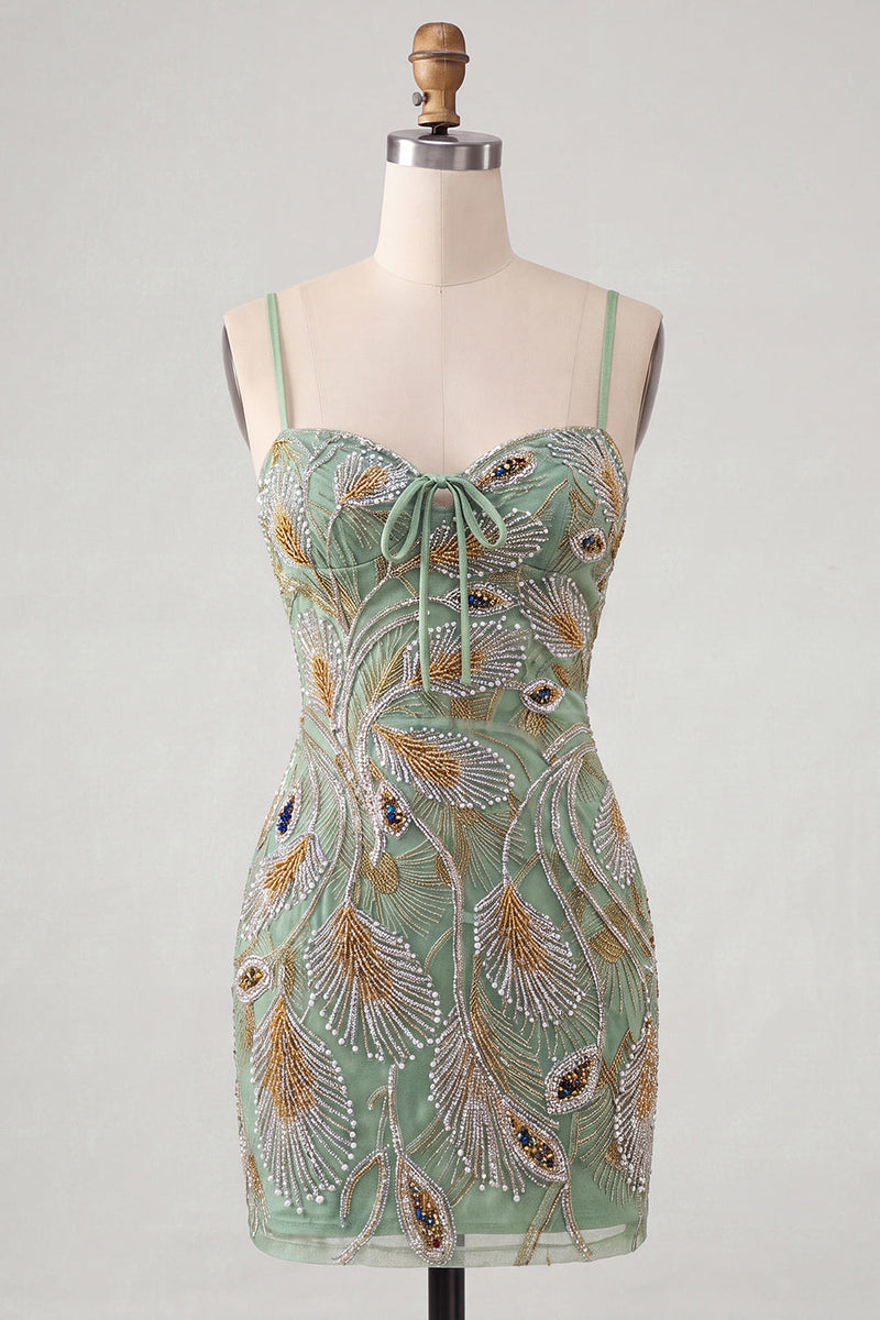 Laden Sie das Bild in den Galerie-Viewer, Grünes Bodycon-Kleines Homecoming-Kleid mit Perlen und Schnürung hinten