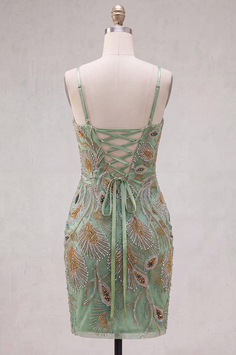 Laden Sie das Bild in den Galerie-Viewer, Grünes Bodycon-Kleines Homecoming-Kleid mit Perlen und Schnürung hinten