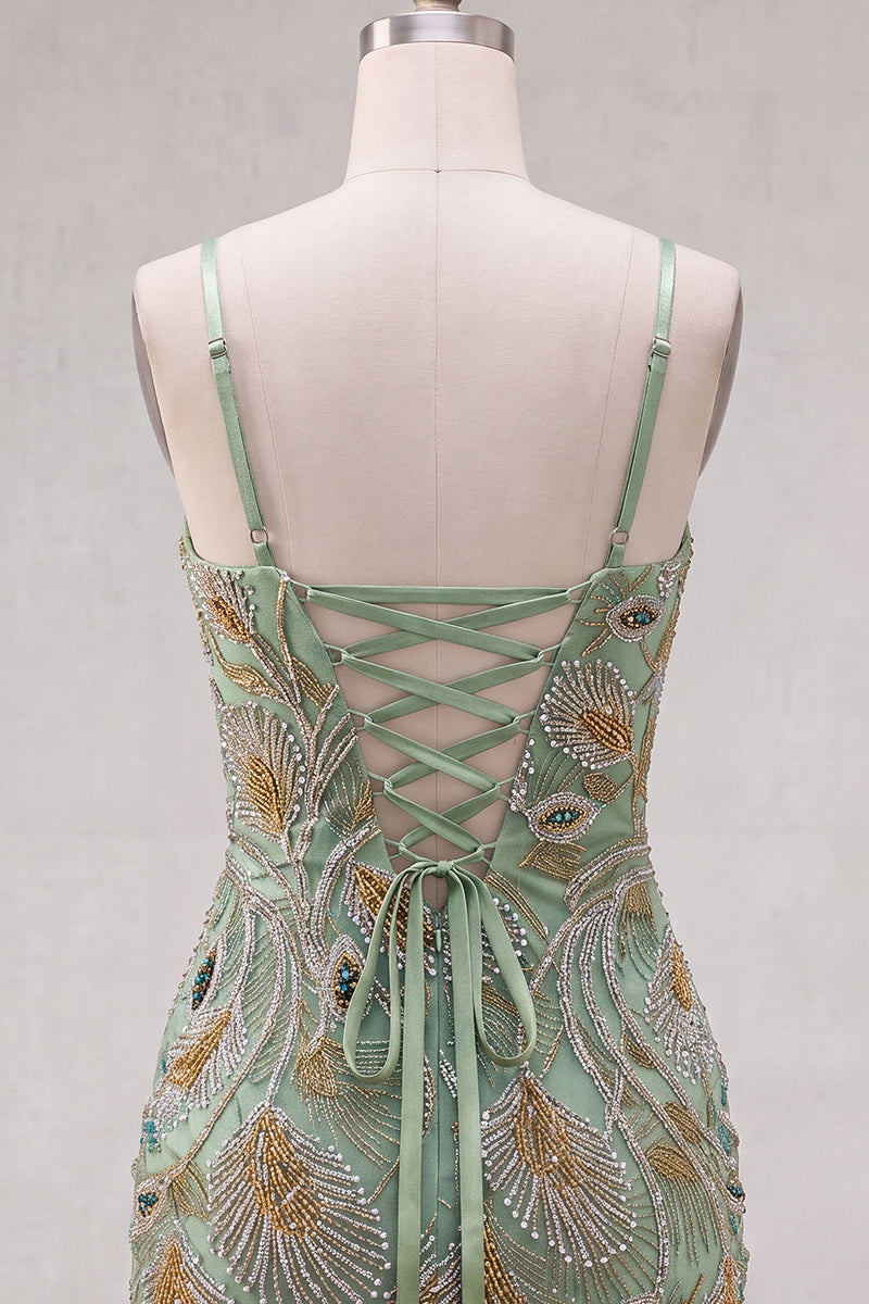 Laden Sie das Bild in den Galerie-Viewer, Grünes Bodycon-Kleines Homecoming-Kleid mit Perlen und Schnürung hinten