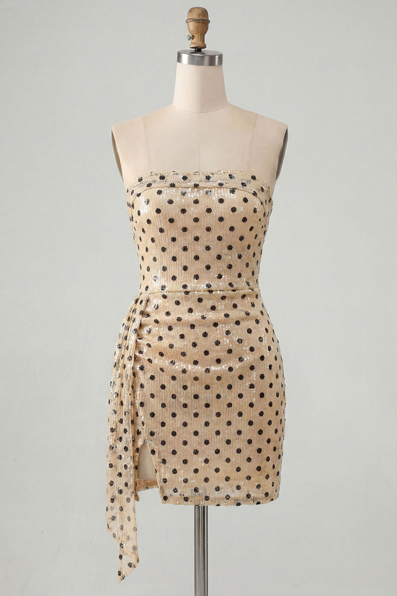 Laden Sie das Bild in den Galerie-Viewer, Trägerloses Champagner-Schwarzes Punkt-Bodycon-Pailletten-Kurzes Homecoming-Kleid mit Schärpe