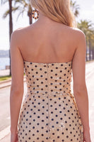 Laden Sie das Bild in den Galerie-Viewer, Trägerloses Champagner-Schwarzes Punkt-Bodycon-Pailletten-Kurzes Homecoming-Kleid mit Schärpe