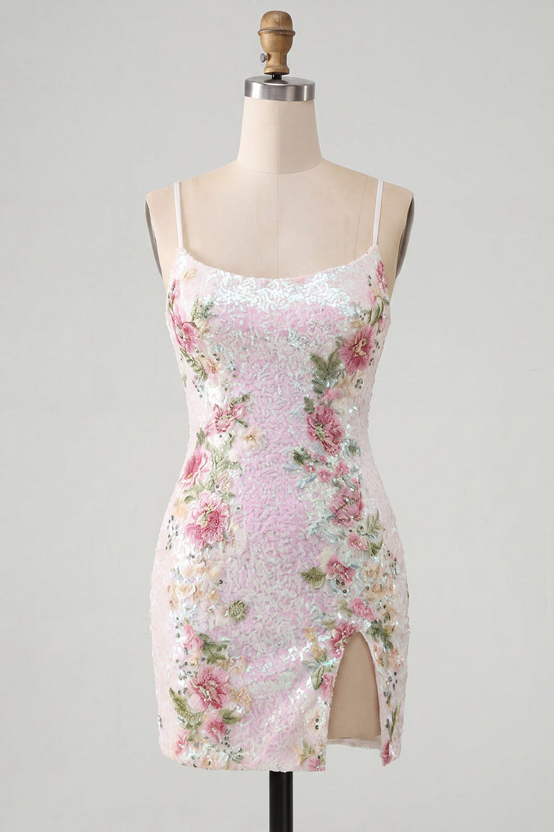 Laden Sie das Bild in den Galerie-Viewer, Glitzernde weiße Blumenpailletten, schnürt hinten kurzes Homecoming-Kleid mit Schlitz