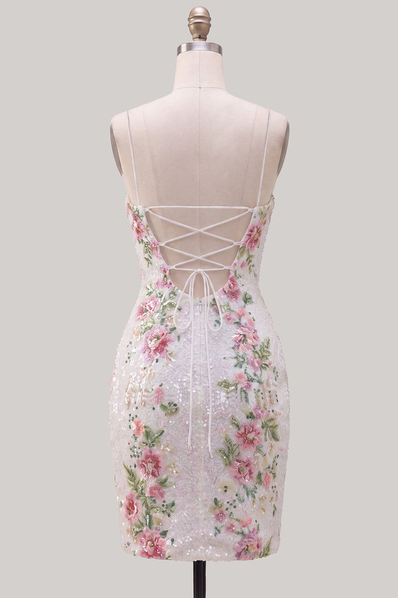 Laden Sie das Bild in den Galerie-Viewer, Glitzernde weiße Blumenpailletten, schnürt hinten kurzes Homecoming-Kleid mit Schlitz