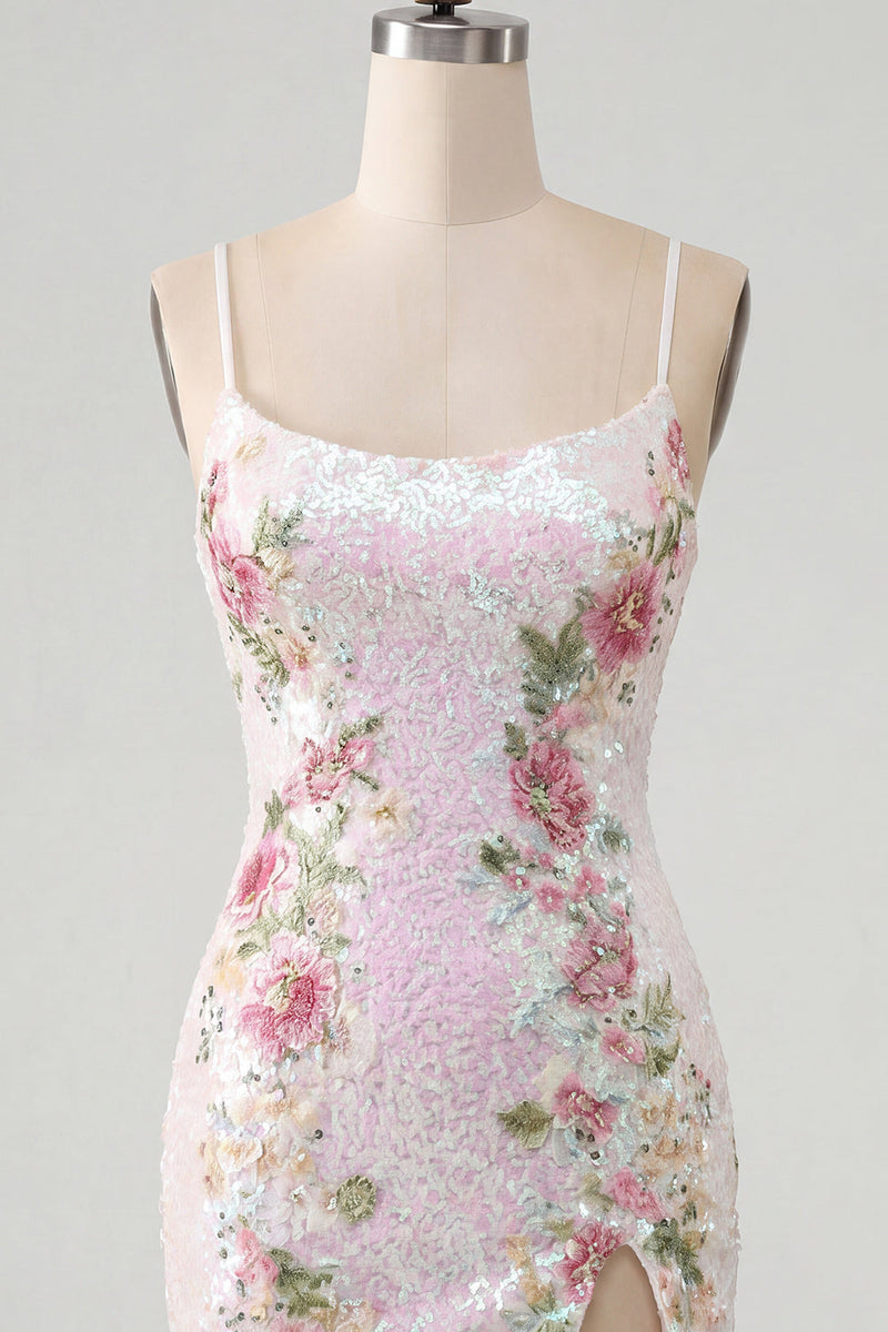 Laden Sie das Bild in den Galerie-Viewer, Glitzernde weiße Blumenpailletten, schnürt hinten kurzes Homecoming-Kleid mit Schlitz