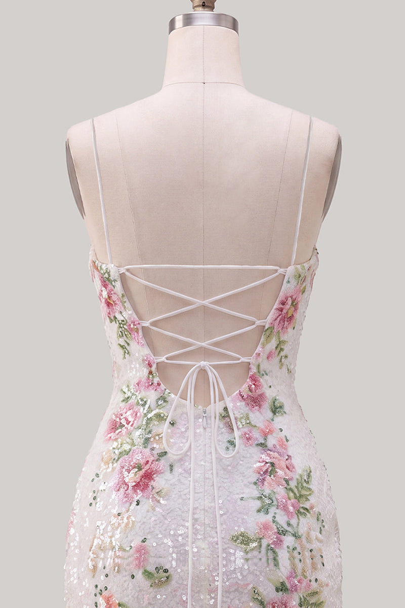 Laden Sie das Bild in den Galerie-Viewer, Glitzernde weiße Blumenpailletten, schnürt hinten kurzes Homecoming-Kleid mit Schlitz