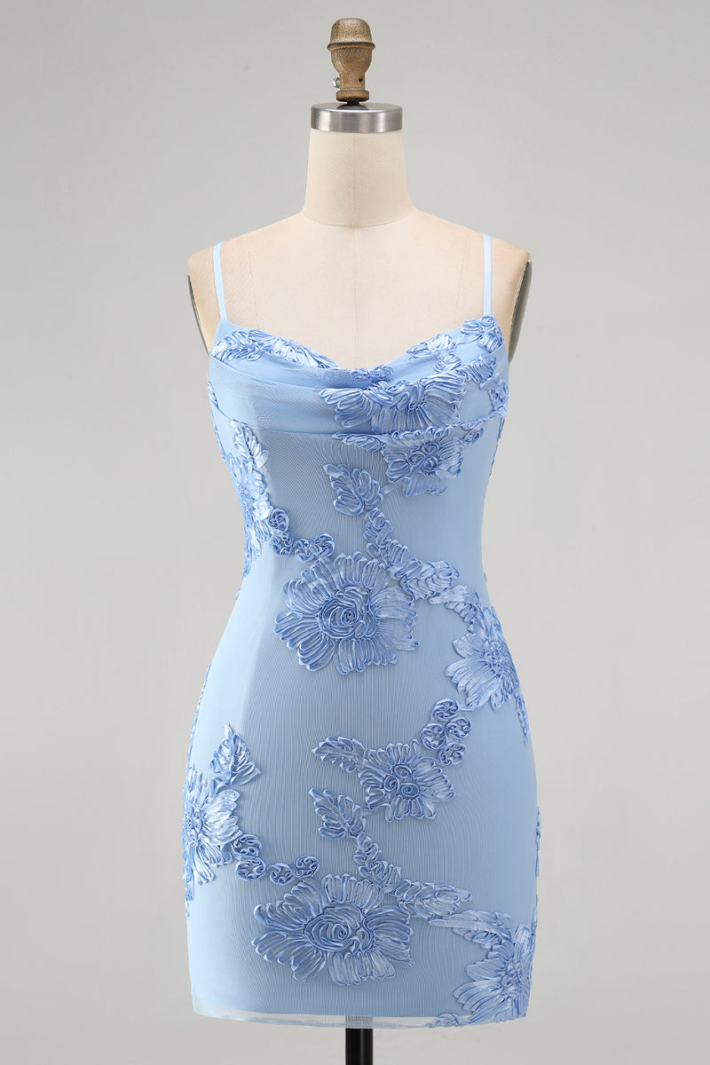 Laden Sie das Bild in den Galerie-Viewer, Gelbes Bodycon Gerafftes Spaghettiträger Blumenstickerei Kurzes Abendkleid