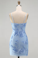 Laden Sie das Bild in den Galerie-Viewer, Gelbes Bodycon Gerafftes Spaghettiträger Blumenstickerei Kurzes Abendkleid