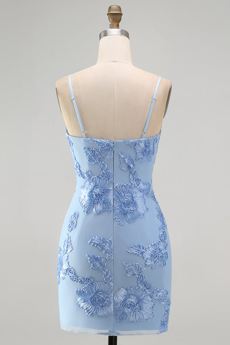 Laden Sie das Bild in den Galerie-Viewer, Gelbes Bodycon Gerafftes Spaghettiträger Blumenstickerei Kurzes Abendkleid