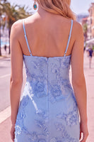 Laden Sie das Bild in den Galerie-Viewer, Gelbes Bodycon Gerafftes Spaghettiträger Blumenstickerei Kurzes Abendkleid