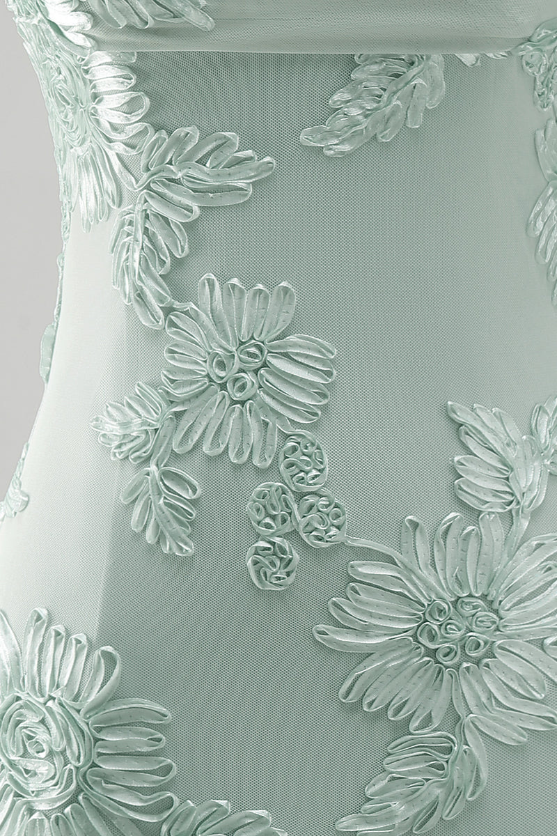 Laden Sie das Bild in den Galerie-Viewer, Gelbes Bodycon Gerafftes Spaghettiträger Blumenstickerei Kurzes Abendkleid