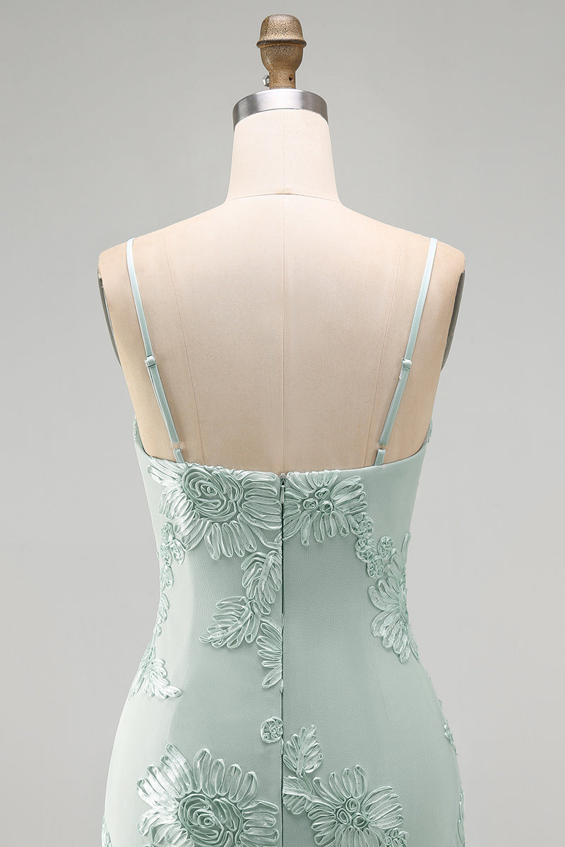 Laden Sie das Bild in den Galerie-Viewer, Gelbes Bodycon Gerafftes Spaghettiträger Blumenstickerei Kurzes Abendkleid