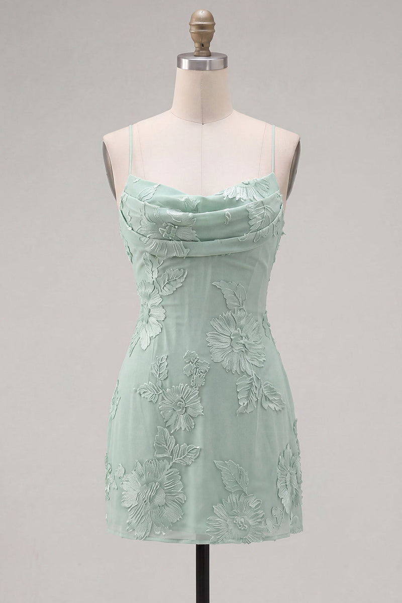 Laden Sie das Bild in den Galerie-Viewer, Gelber Bodycon geraffte Spaghettiträger Blumenstickerei Homecoming-Kleid
