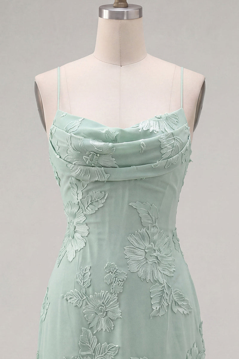 Laden Sie das Bild in den Galerie-Viewer, Gelber Bodycon geraffte Spaghettiträger Blumenstickerei Homecoming-Kleid