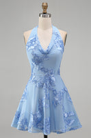 Laden Sie das Bild in den Galerie-Viewer, A-Linie Gelbes Neckholder Kurzes Abendkleid mit floraler Stickerei