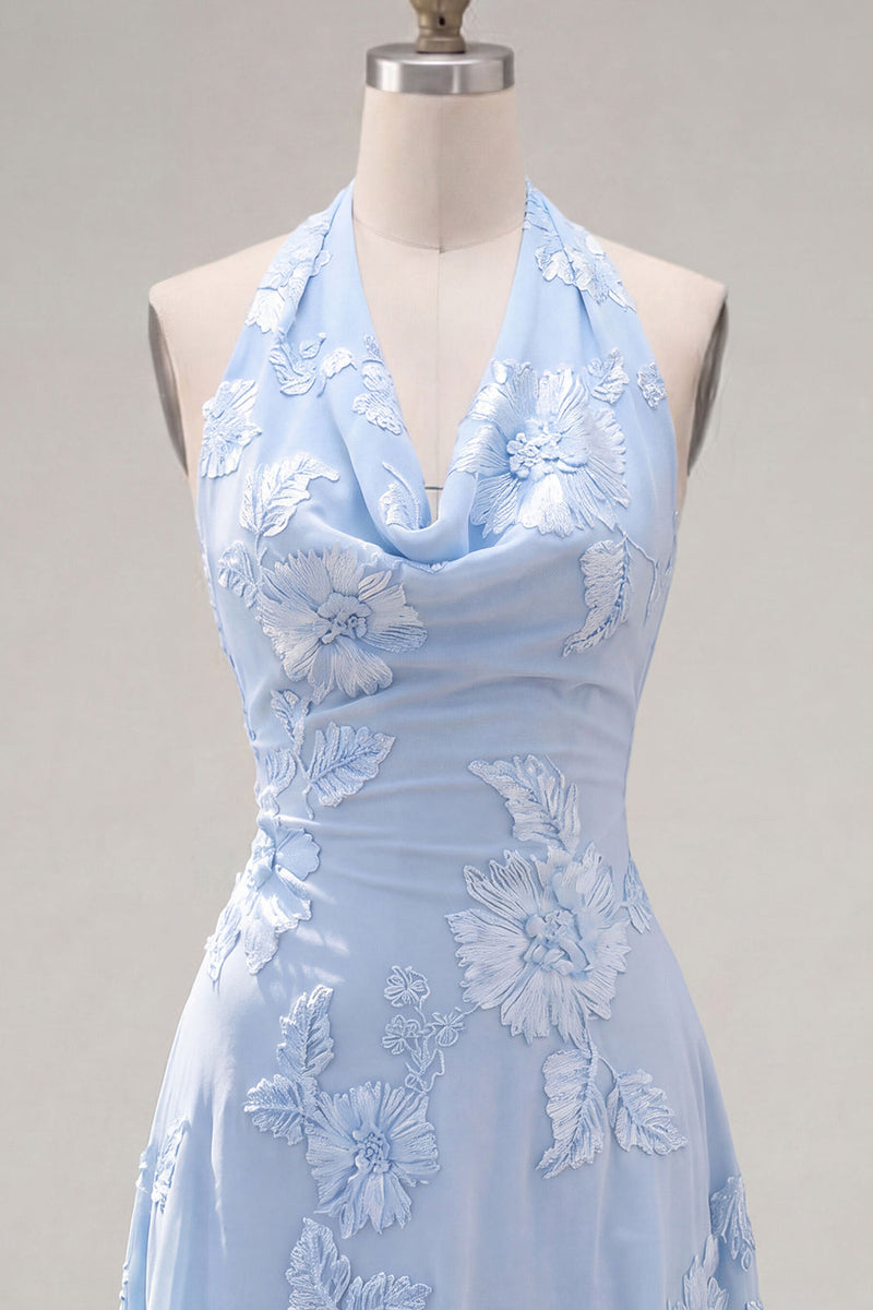 Laden Sie das Bild in den Galerie-Viewer, A-Linie gelbes Neckholder-Kurzhaus-Heimkehrkleid ohne Rücken mit floraler Stickerei