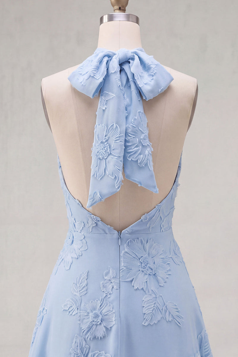 Laden Sie das Bild in den Galerie-Viewer, A-Linie gelbes Neckholder-Kurzhaus-Heimkehrkleid ohne Rücken mit floraler Stickerei