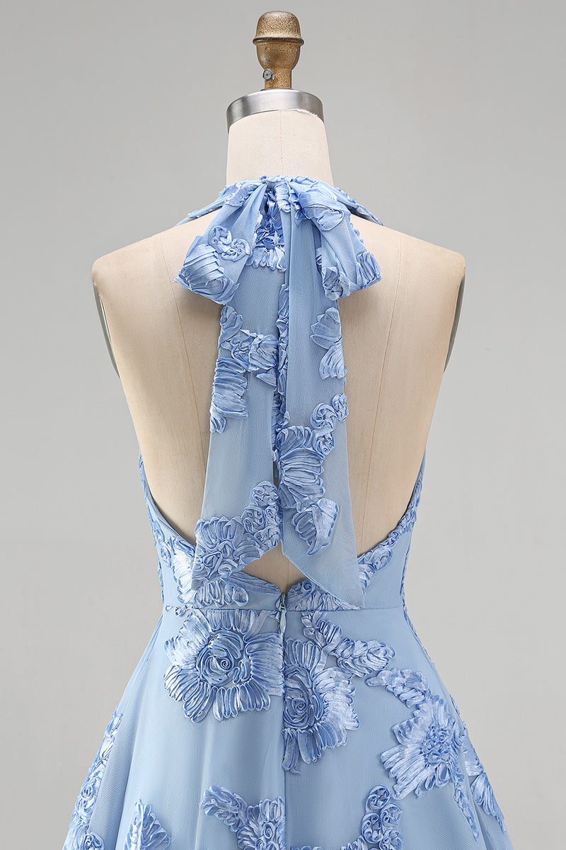 Laden Sie das Bild in den Galerie-Viewer, A-Linie Gelbes Neckholder Kurzes Abendkleid mit floraler Stickerei