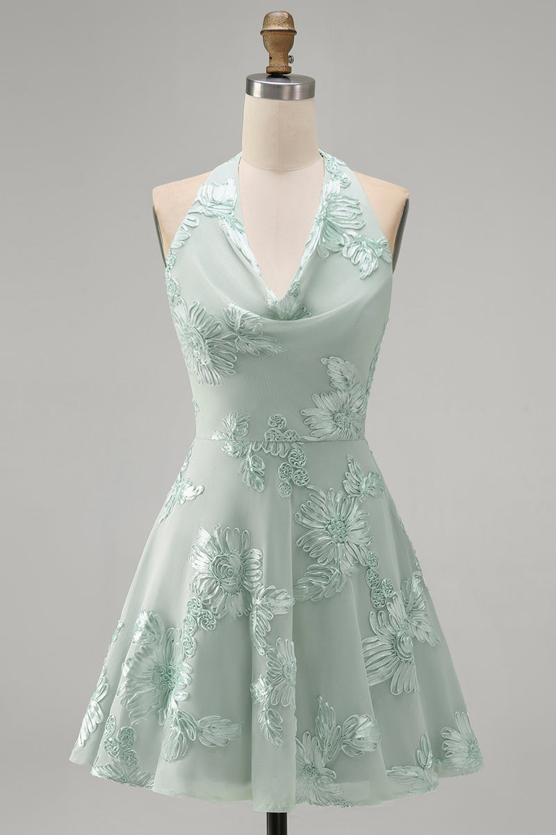 Laden Sie das Bild in den Galerie-Viewer, A-Linie Gelbes Neckholder Kurzes Abendkleid mit floraler Stickerei