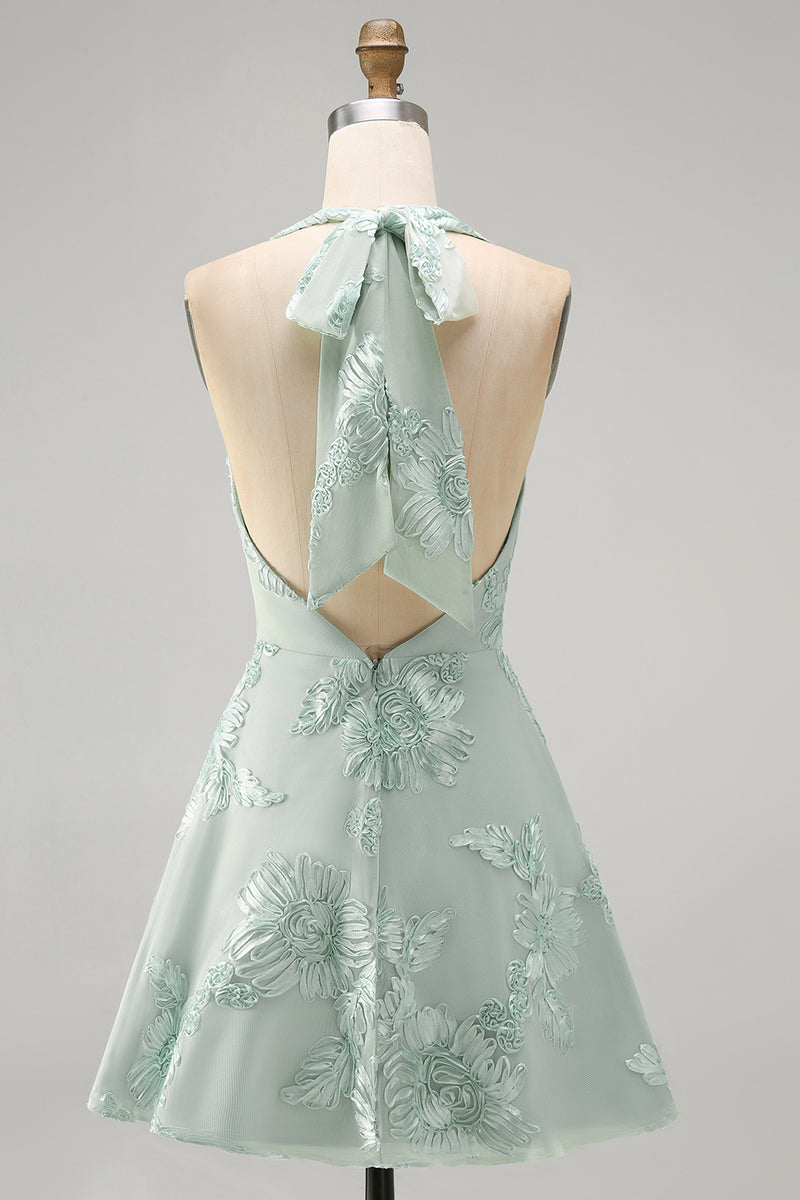 Laden Sie das Bild in den Galerie-Viewer, A-Linie Gelbes Neckholder Kurzes Abendkleid mit floraler Stickerei