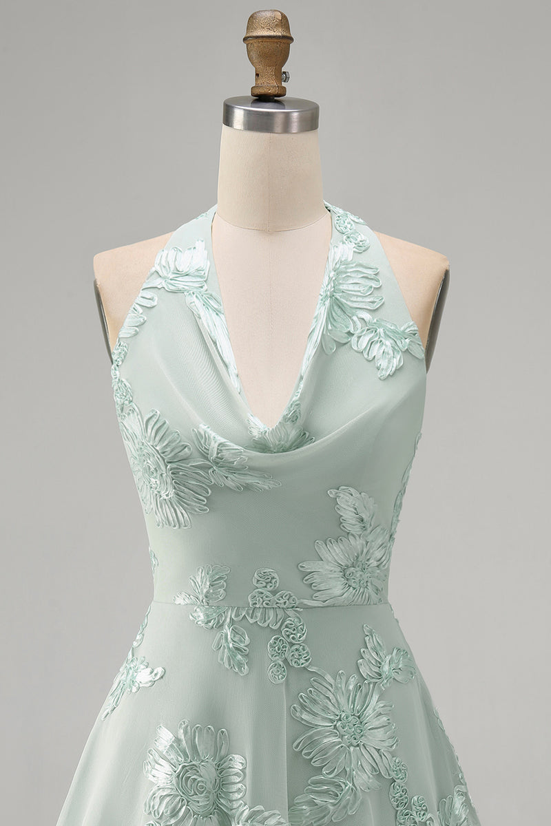 Laden Sie das Bild in den Galerie-Viewer, A-Linie Gelbes Neckholder Kurzes Abendkleid mit floraler Stickerei