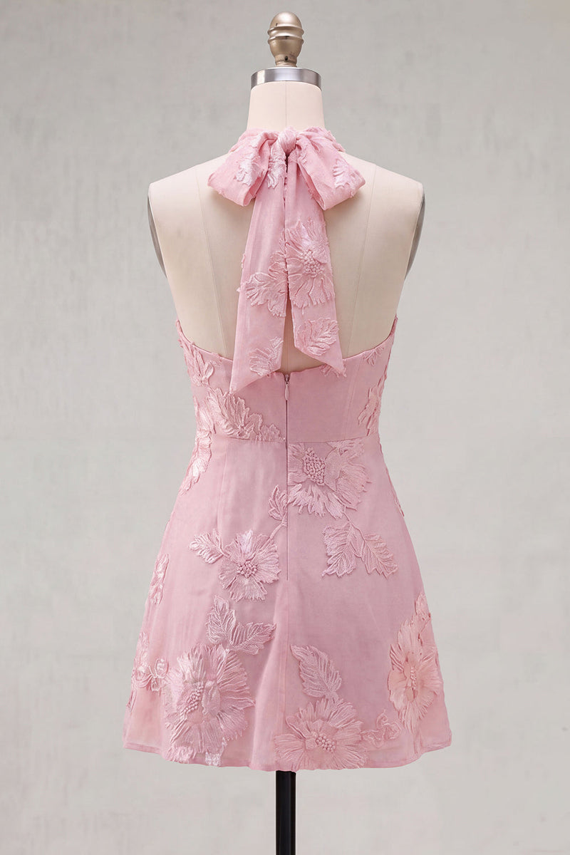 Laden Sie das Bild in den Galerie-Viewer, A-Linie gelbes Neckholder-Kurzhaus-Heimkehrkleid ohne Rücken mit floraler Stickerei