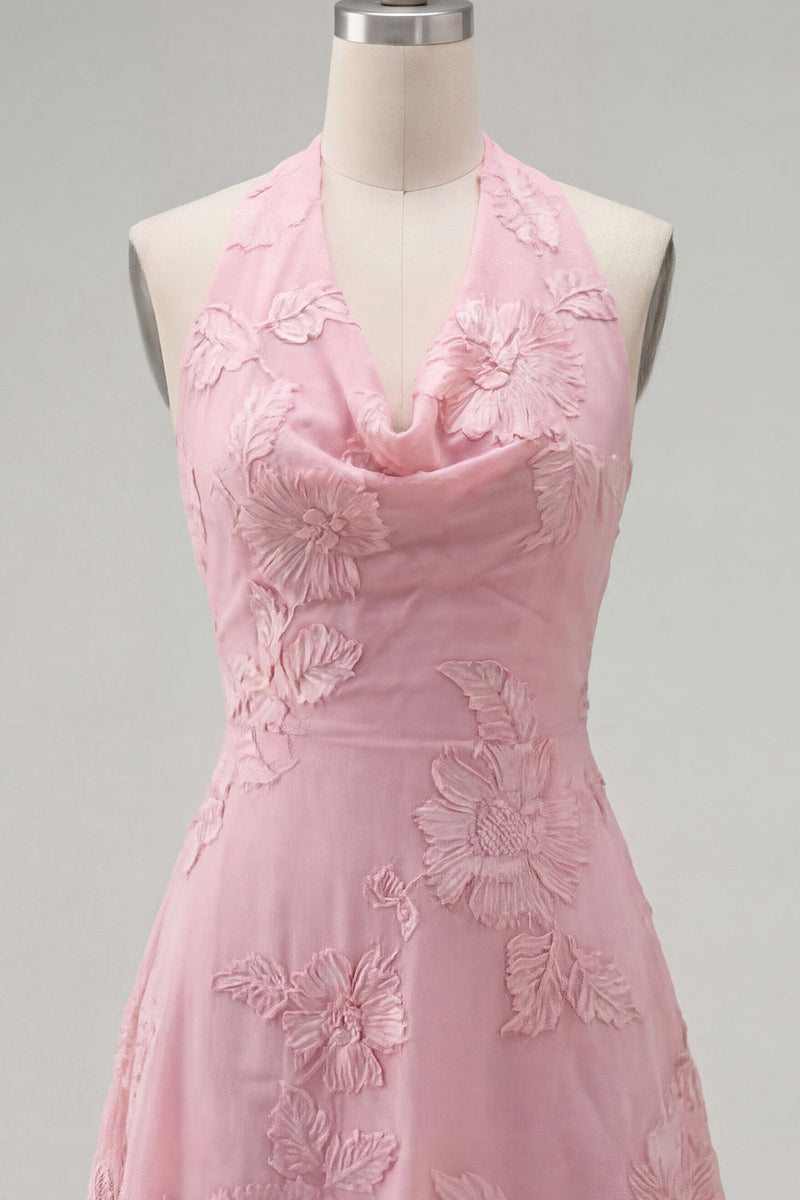 Laden Sie das Bild in den Galerie-Viewer, A-Linie gelbes Neckholder-Kurzhaus-Heimkehrkleid ohne Rücken mit floraler Stickerei